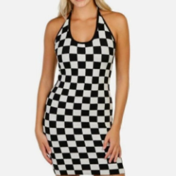 3 / $30 Just‎ Polly Halter Dress Juniors Large Black White Check Knit Pull-on - Picture 3 of 12
